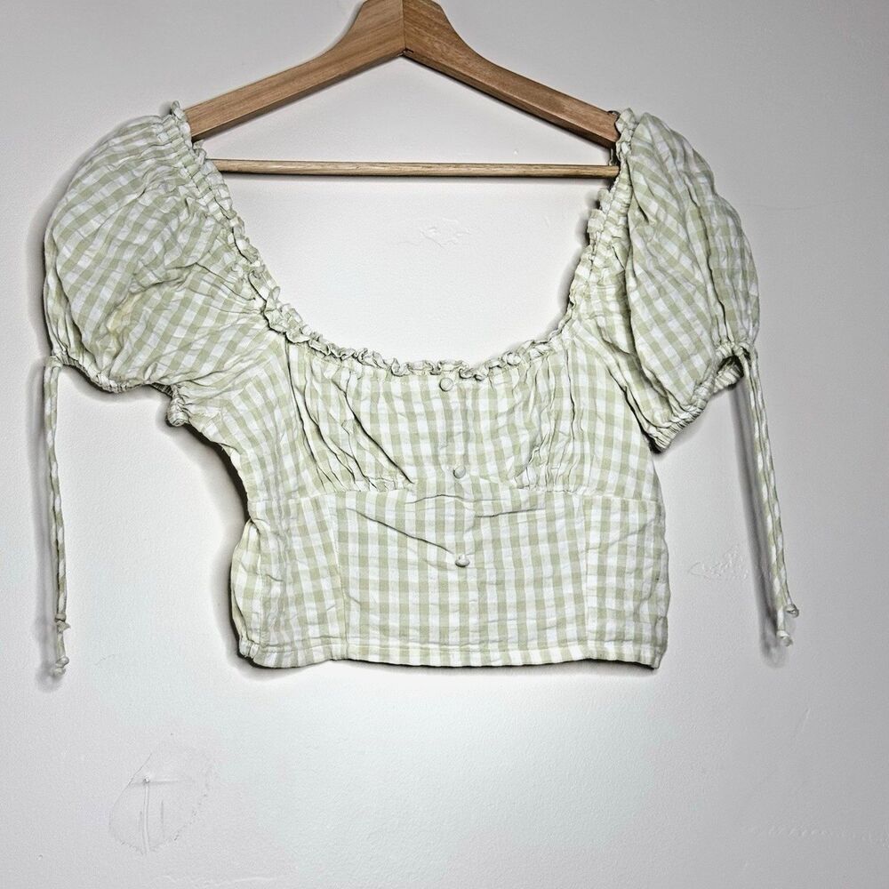 Women miss Selfridge crop top plaid boho romantic short front button green  4